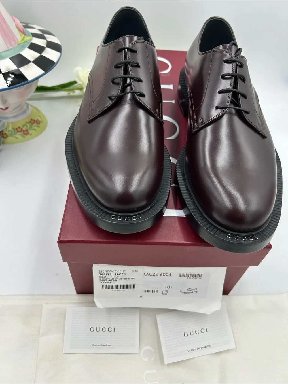 Men's Gucci logo lettering, Cordovan, Derby shoes size 10.5 fits 11 US NWT